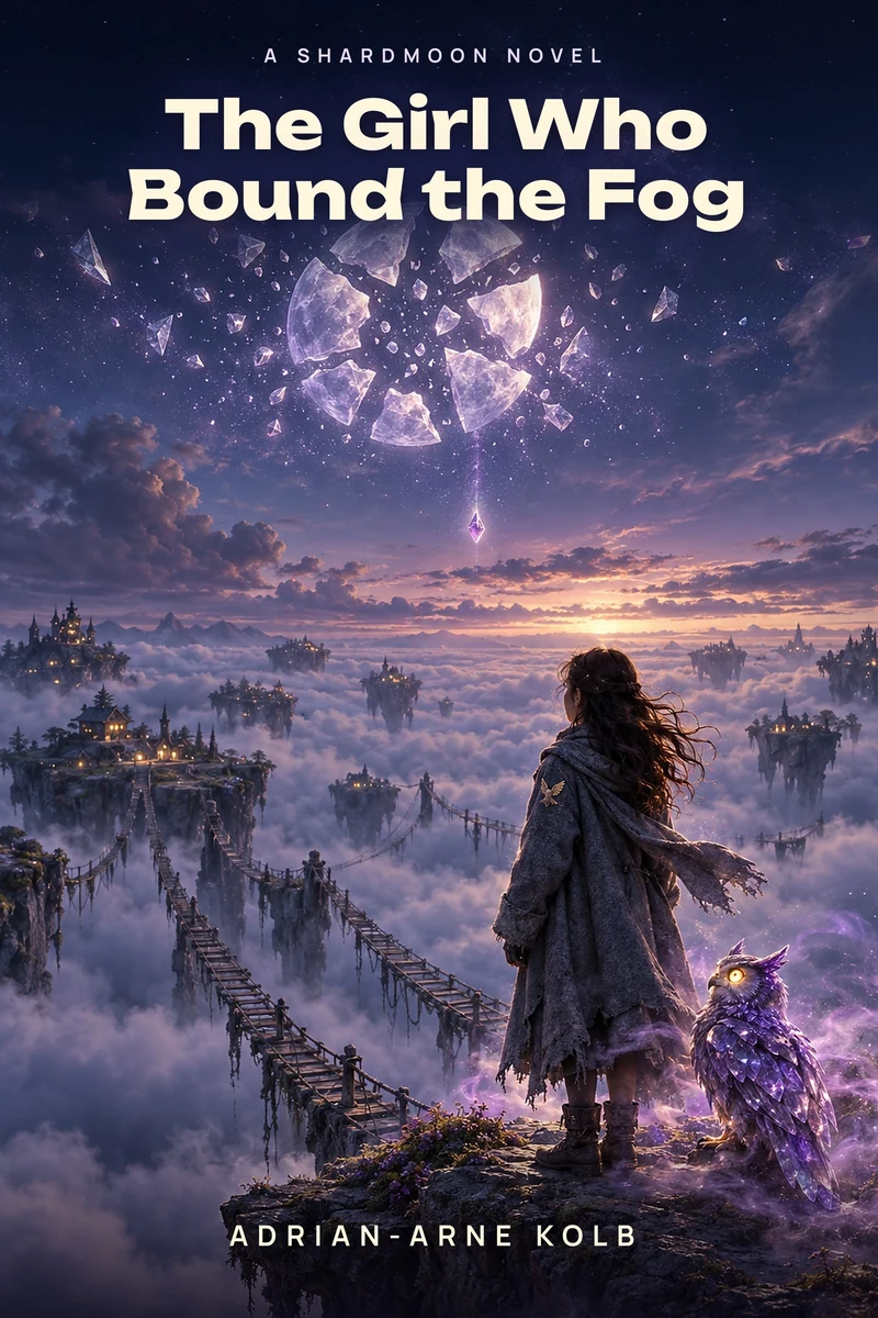 Cover of The Girl Who Bound the Fog: a girl in a grey coat and a violet crystal owl on a cliff above a sea of clouds, under a broken moon.