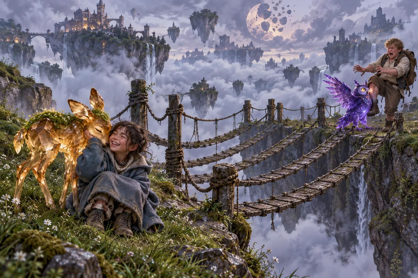 Illustration from the book: a girl and a crystal owl at four rope bridges over a sea of clouds.
