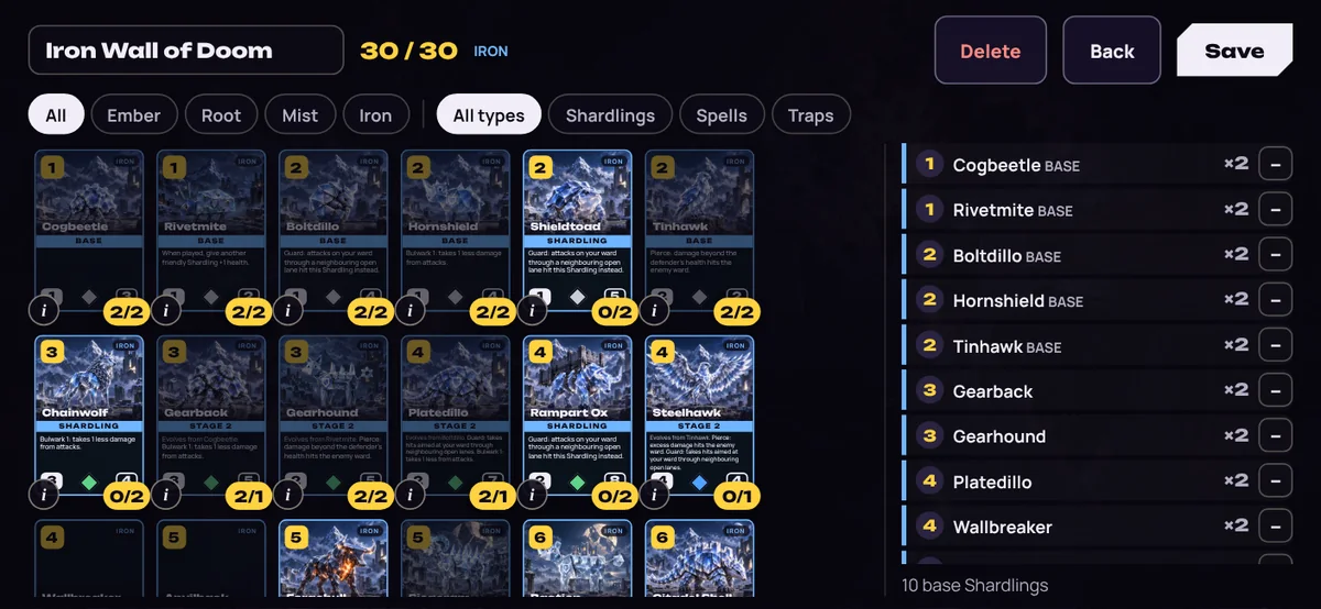 Deck builder with card grid and deck list.