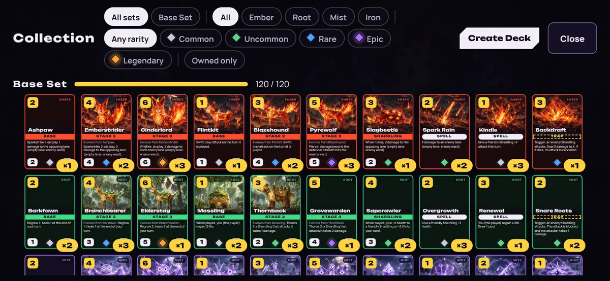 Card collection with Ember and Root cards.