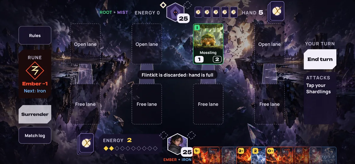 Game board with four lanes, Shardlings and the hand of cards.