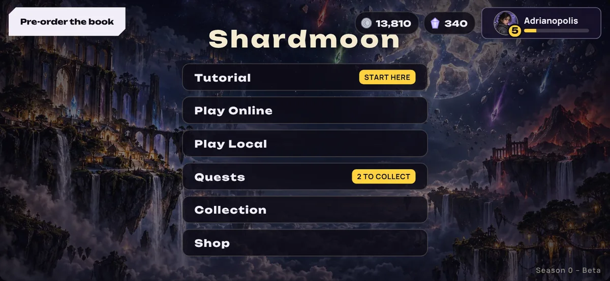 Main menu with tutorial, play online, quests, collection and shop.